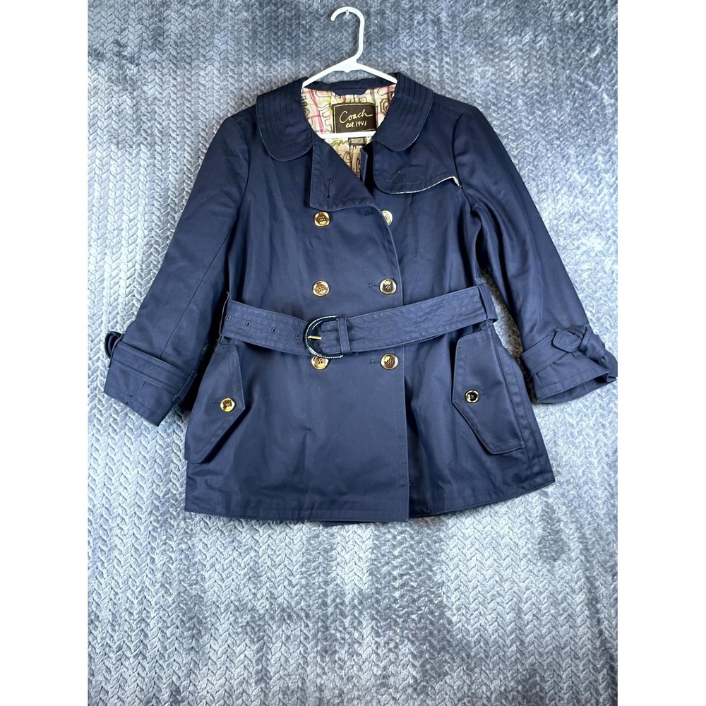 Coach Short Trench Coat Womens 6 Navy Blue Lined Belted Double Breasted Office